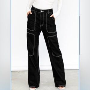 Black Wide-Leg Jeans with White Stitching